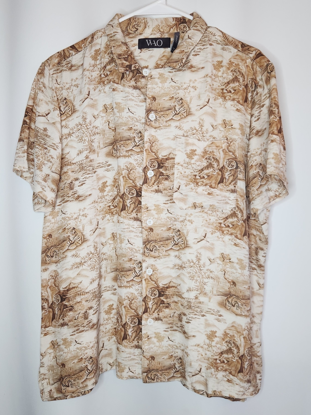 WAO Men's Beige and Brown Short-Sleeve Button-Down Shirt